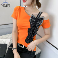 ﹍✶ YIMEI เสื้อยืดเปิดไหล่ลายเฉพาะสำหรับผู้หญิง2023ฤดูร้อนใหม่เสื้อแฟชั่นเสื้อคอตตอนประดับเพชรสุดฮอตเสื้อยืดสีส้มแขนสั้น