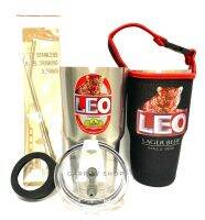 GF แก้วเยติ เก็บอุณหภูมิ ร้อน เย็น ลาย LEO Beer เบียร์ลีโอ ฟรี !! ถุงใส่แก้ว + หลอดแสตนเลสพร้อมแปรงล้าง + ยางรองแก้ว (คละสี)