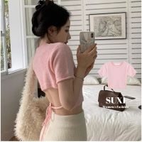 ◘♕◙ SUXI Korean Sexy Backless Lace-up Crop Tops High Waist Short Sleeve Knitted Shirt