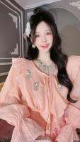 สวยหวาน 06221 ชุดเสื้อเชิ้ตขอบเค้กกระโปรงครึ่งตัว 【 ใบบัวฤดูร้อนสีชมพูยืดหยุ่น Cherry Cui 】 เอวสูง