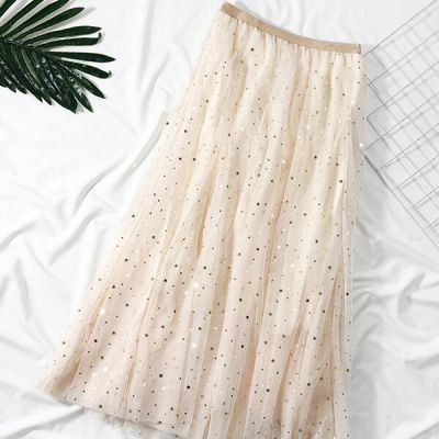 ‘；’ Summer Tulle Skirt High Waist Medium Length Star Moon Fashion Half Length Mesh Skirt