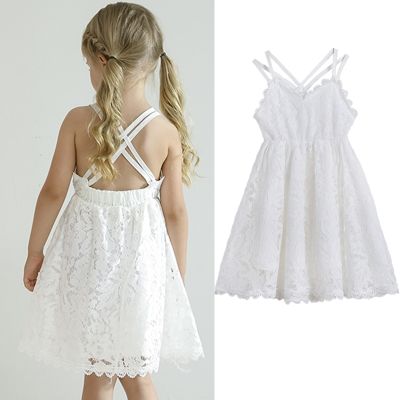 White Lace Dresses for Girls Beach Dress Sling Sleeveless Clothes Kids Children Wedding Holiday Party Sundress Kids Clothes