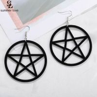 [A alamode] Punk Large Star ต่างหูสำหรับผู้หญิง Gothic Black Big Pentagram Round Drop Earring Fashion Statement Jewelry