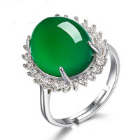 New national style silver plated green chalcedony ring female green agate Fanhua open ring mothers Day gift TNRN