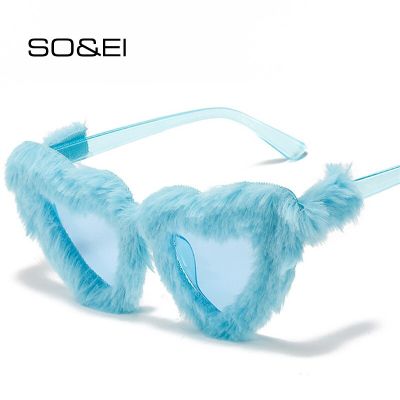 SO&amp;EI Retro Heart-Shaped Soft Plush Sunglasses Women Fashion Blue Pink Eyewear Trending Men Cat Eye Sun Glasses Shades UV400 Cycling Sunglasses