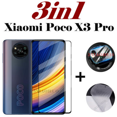 (3in1) สำหรับ Xiaomi Poco X3 Pro / Xiaomi Poco F3กระจกเทมเปอร์ฟิล์มป้องกัน + ป้องกันเลนส์กล้องฟิล์มป้องกัน + คาร์บอนไฟเบอร์ฝาหลังสติกเกอร์ฟิล์มป้องกัน.