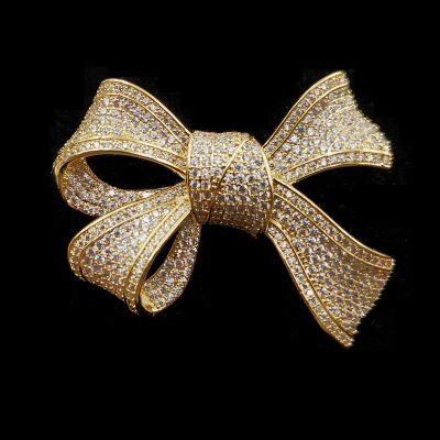 Victorian Antique Style Micro Pave Clear CZ Golden Bow Broach Pins for Women Festival Celebration Party Holiday Prom Accessory