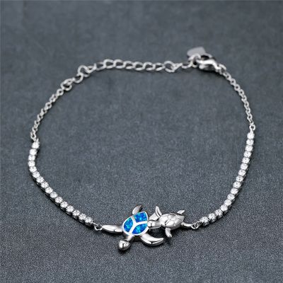 Blue Fire Opal Sea Turtle Bracelet White Zircon Small Round Stone Bracelet Rose Gold Silver Color Chain Bracelets For Women Gift