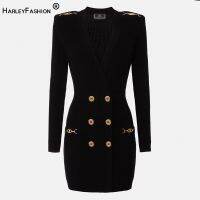 【YF】 HarleyFashion Elegant Women Fall Sexy V-neck Chain Patchwork Classic Black Knitting Sweater Slim Quality Street Straight Dress