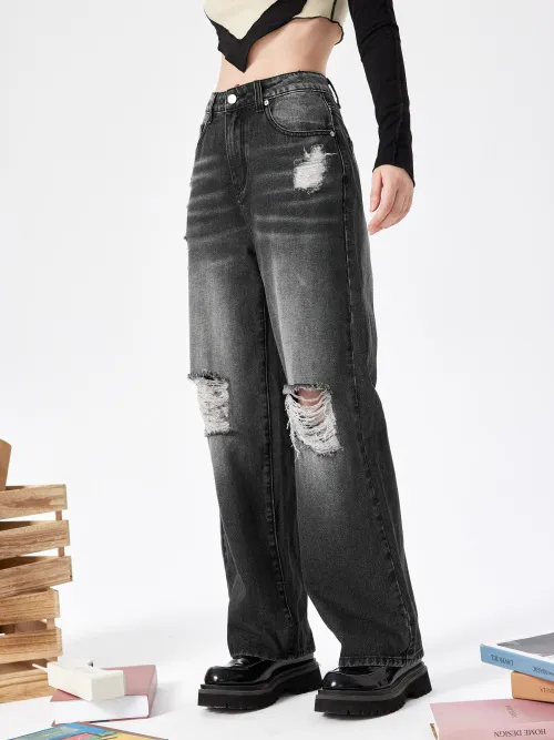 Cider Ripped High Waist Straight Leg Jeans Lazada.co.th