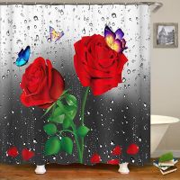 Red Rose Flowers Butterfly Waterproof Shower Curtain Set Non-Slip Mat Rug Carpet Toilet Seat Cove Bathing Bathroom Decor