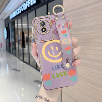 Case4you สำหรับ Vivo Y02T Y02A พร้อมสายรัดข้อมือขอบสี่เหลี่ยมนิ่มลายการ์ตูนเด็กผู้หญิงยิ้มปลอกชุบเคสโทรศัพท์สุดหรูชุบเคสโทรศัพท์นิ่ม