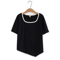 【มีไซส์ใหญ่】Plus Size Womens Full Cotton Short T-shirts Patchwork Fashion Casual Female Tops Large Size Patchwork Irregular White Black Tee