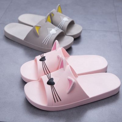 【YF】 New Summer Slippers Women Home Shoes Sandals Cartoon Cats Flip Flops Men Couples Soft Sole Bathroom Zapatillas