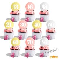 【Ready Stock】 ✔○ E05 Pack Of 12 Pcs Happy Birthday 13 16 18 21 30 40 50 60 70 80 Number Acrylic Cupcake Toppers Mirror Acrylic Cake Toppers Round Engraved Topper Charms for Cupcake Decoration