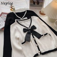 {Qinqin clothing}Neploe คอวีกุทัณฑ์ตกแต่งหวานผู้หญิงเสื้อกันหนาวฤดูใบไม้ร่วง2022สไตล์เกาหลีสั้นถัก Cardigans ปุ่มมุกถักท็อปส์