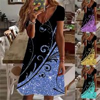 【YF】 Womens Shift Dress Floral Print Summer V-Neck Fashion Casual Knee-Length Green Blue Purple Yellow Short Sleeve Skirt