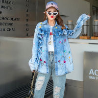 Vefadisa Plus Size Sequin Floral Denim Blouse Women 2021 Spring Autumn Tie dye Casual Denim Shirts Ruffles Women Top QYF5187