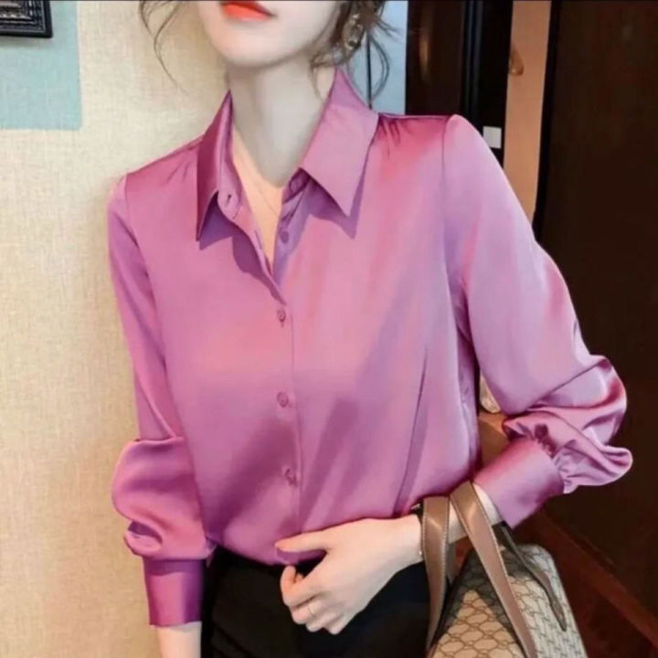 WOU&EY Women Korean Style Satin Blouse Women Long Sleeve Loose