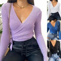 【Ready】Women Sexy V Neck Wrap Blouse Solid Color Long Sleeve Slim Ribbed Knitwear Top