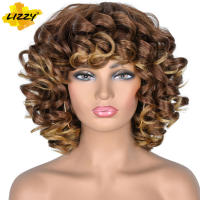 Short Hair Afro Curly Wig With Bangs Dark Brown Synthetic Cosplay Loose Fluffy Shoulder Length Natural Wigs For Black Women 14"