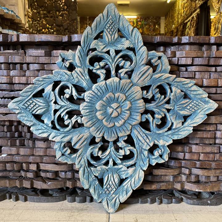 งานคุณภาพ-งานไม้สัก-สีแอนทิค-ลายไทย-ขนาด-30x30-cm-ไม้สักแกะสลัก-ไม้สักฉลุ-ทนแดด-ทนฝน-teak-wooden-carved-flower-tropical-decor-wall-mounted