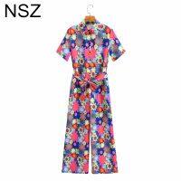 SheBlingBling Women Colorful Flowers Print Summer Playsuits Short Sleeve With Belt Wide Leg Pants Jumpsuits Ladies Overall Romer