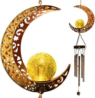 Moon Crackle Glass Ball Wind Chimes Solar Moon Night Light Outdoor Wind Chime Deep Tone Memorial Wind Bell for Mom Birthday Gift