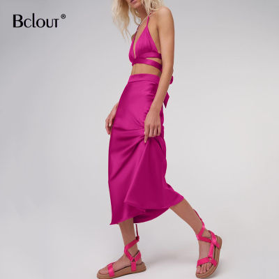 Bclout Satin A Line Midi Pink Skirts For Women Elegant High Waist Solid Skirts Female Autumn Office Ladies Fashion Skirts Casual