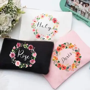 Floral Wreath Embroidered Canvas Makeup Bag - Pink