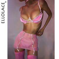 【LZ】✐✸  Ellolace-Veludo Rhinestone Lingerie Bra Kit Push Up Underwear extravagante conjuntos exóticos delicados rosa fada roupa íntima bonita