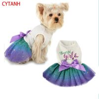 Dog Clothes Puppy Gradient Summer Color Clothing Tulle Breathable Bow Knot Princess Vest Dress for Small Dogs Pet Apparel Puppy Dresses