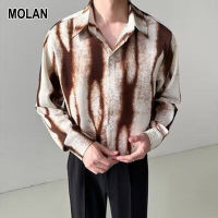 MOLAN เสื้อแขนยาวชายเสื้อแขนยาวสำหรับผู้ชาย,เสื้อน้ำกระเพื่อมระบายอากาศเท่ๆผ้าไหมน้ำแข็งสุดหล่อเสื้อแฟชั่นลำลองพิมพ์ลายเสื้อเชิ้ตผู้ชาย