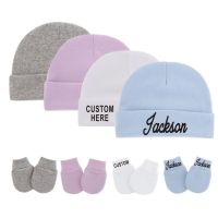 Personalised Newborn Baby Hat Gloves for 0-3M Baby Cotton Hats Anti-Scratch Gloves Custom Name Unisex Baby Hat and Mittens Set