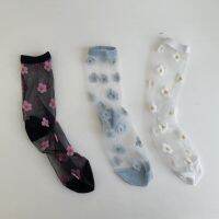 Japanese Korean Floral Print Women Socks Summer Ultra-thin Transparent Crystal Silk Socks Harajuku Retro Girls Kawaii Cute Socks