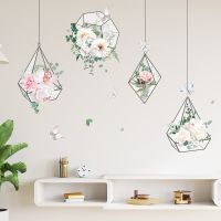 Fresh Flowers Geometric Hanging Basket Wall Stickers Living Room Bedroom Sofa Background Decoration Wallpaper Sticker Home Decor Wall Stickers  Decals