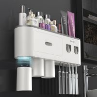 Wall-mounted Toothbrush Holder With 2 Toothpaste Dispenser Punch-free Bathroom Storage For Home Waterproof Bathroom Accessories