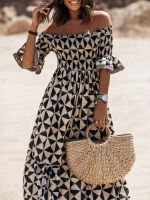 【YF】 Summer Off The Shoulder Boho Long Dress Spring Elegant Geometric Print Party Sexy Slash Neck Flare Sleeve Maxi Women