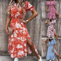 Women Floral Print Loose Maxi Long Dress Spring Summer V Neck Short Puff Sleeve Side Split Tunic Party Dresses MCFS-88628