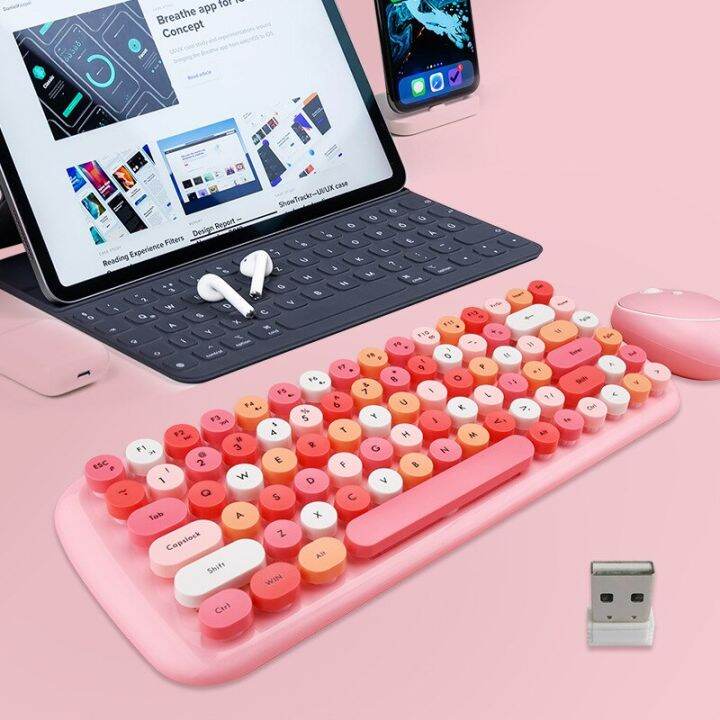 2.4G Wireless Keyboard and Mouse Set Color Girly Pink Mini Keyboard and ...