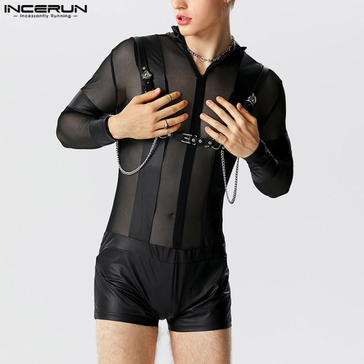 incerun-ชุดชุดจั๊มสูทลำลองเย็บแขนยาวสำหรับผู้ชายแบบตาข่ายสำหรับใส่ในบ้านคาร์โก้แบบตาข่าย