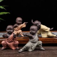 1pc Kung Fu Monk Decor Purple Sands Statue Temple Style Figurines Ornament Tea Pet Arrangement For Home Decorations Miniatures