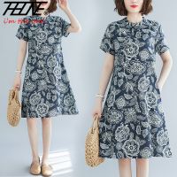 ☼ THHONE Plus Size 5XL 6XL 7XL Loose Long Dress Women Clothing Floral Print Vintage Retro Big Size Large Size New Large Size Summer New Cotton and Linen Printing Art Style Short Sleeve Frog Cheongsam Dress Women