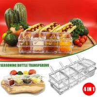 4 In 1 Seasoning Bottle Transparent 4 Grid Seasoning Accessories Herb With Spice Sugar Container Kitchen Box Salt Spoon Storage T0V4