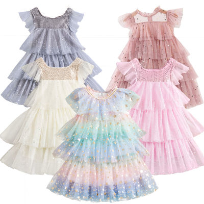 NNJXD W 2021 New Girls Summer Dresses Baby Girls Grey Color Short Sleeve Layer Dresses for 3-8 Years Girls Casual Dresses Summer Holiday Wear