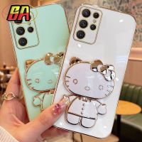 สำหรับ Samsung Galaxy S23 Ultra S23 Plus S22 Ultra S22 Plus S21 Ultra S21 Plus S20 Ultra S20 Plus 3D การ์ตูนแฟชั่นน่ารัก Hello Kitty Square ตรงเคสโทรศัพท์ปิดขอบพร้อมขาตั้งกระจกอ่อนกันกระแทกฝาครอบด้านหลัง