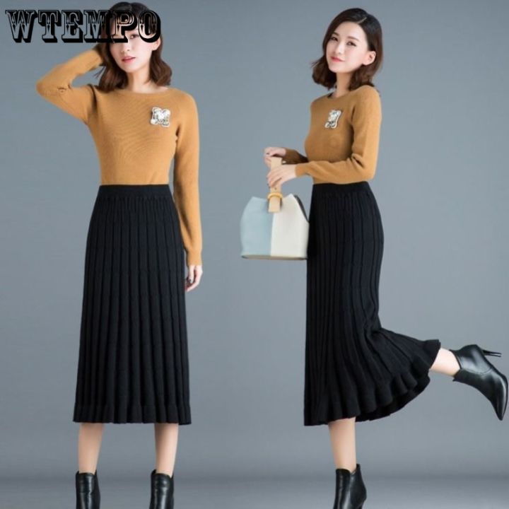 cc-wtempo-womens-skirts-knit-pleated-skirt-medium-length-thickened-elastic-waist-office