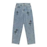 【YD】 Denim Pants Star Pattern Color Fly Wide Leg Loose Jeans Korean Straight