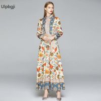 Runway Chain Print Pleated Dress Women Long Sleeve Bow Collar Heart Pattern Elegant Party Belt Vestidos