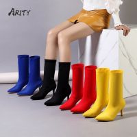 2022 Plus Size 35-48 Women Mid-calf Boots High Heels Stiletto Blue Red Yellow Elastic Booties Winter Shoes